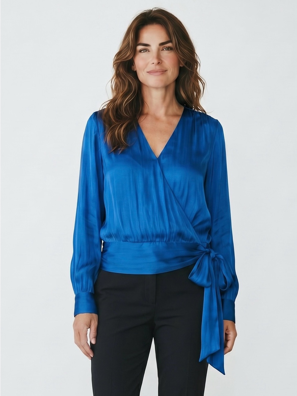 Banana Republic Peacock Blue Crinkled Satin Wrap Blouse with Side Tie Size M